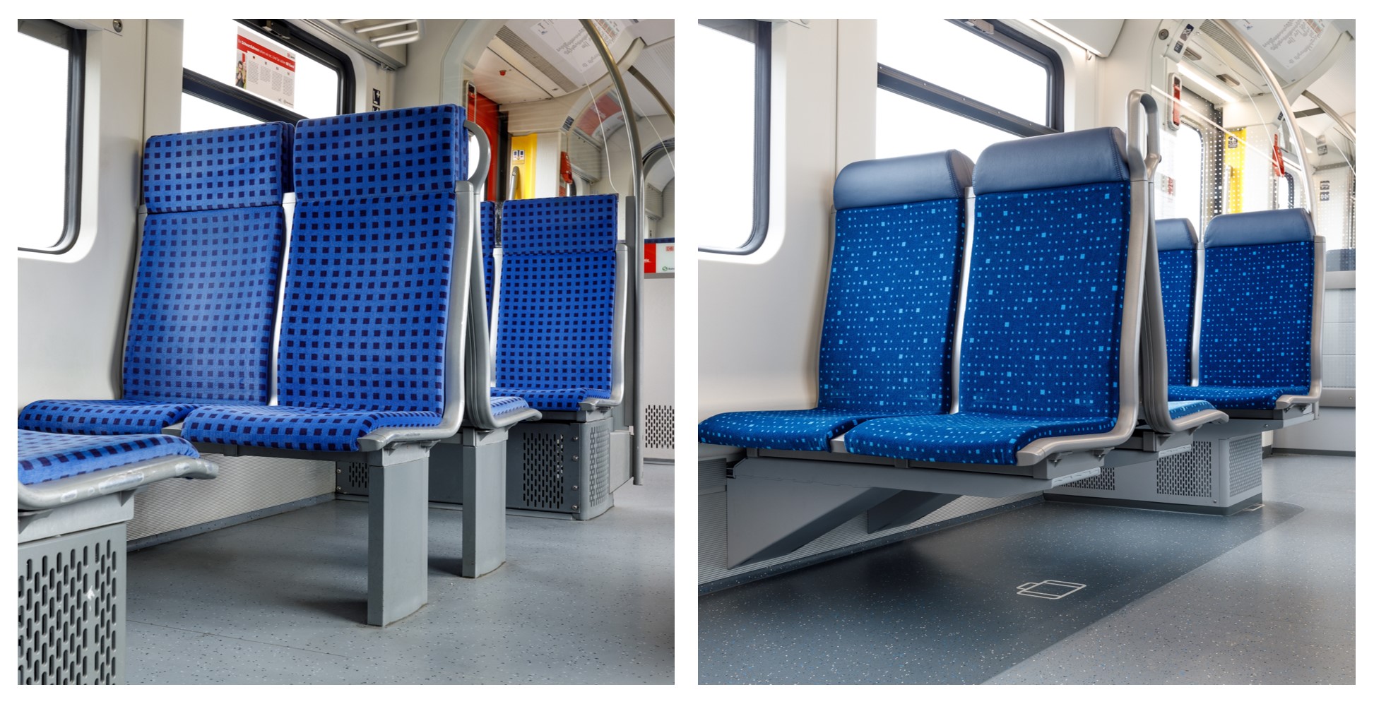 Modernisierung ET 423 S-Bahn München - Vorher-Nachher-Vergleich Sitzgruppe