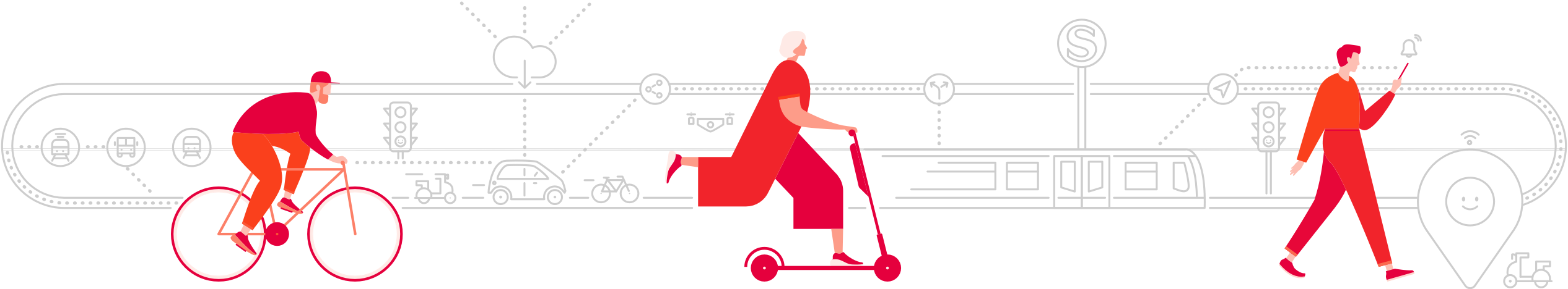 Illustration zeigt verschiedene Mobilitätsangebote (Fahrrad, E-Scooter, App auf Smartphone), wie sie miteinander vernetzt sind