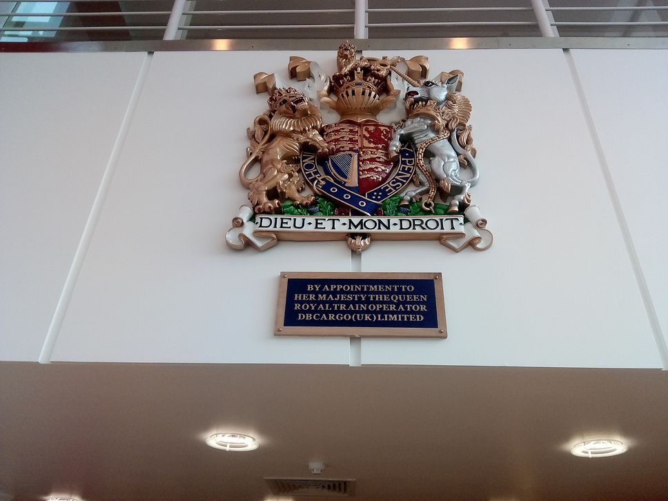The Queen's Coat of arms is prominently in the entrance hall of the DB Cargo UK in Doncaster, UK; Installed. 