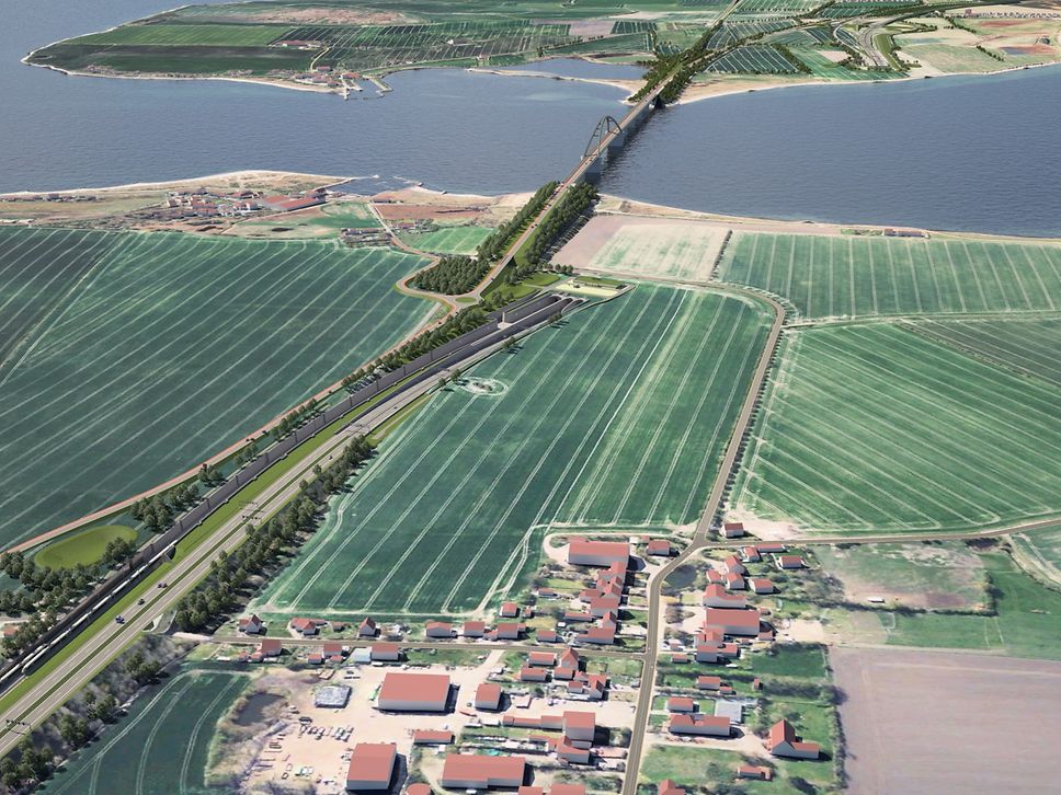 Die Visualisierung zeigt die künftige Schienen- und Autostrecke auf Fehmarn und die Einfahrt in den neuen Fehmarnsundtunnel