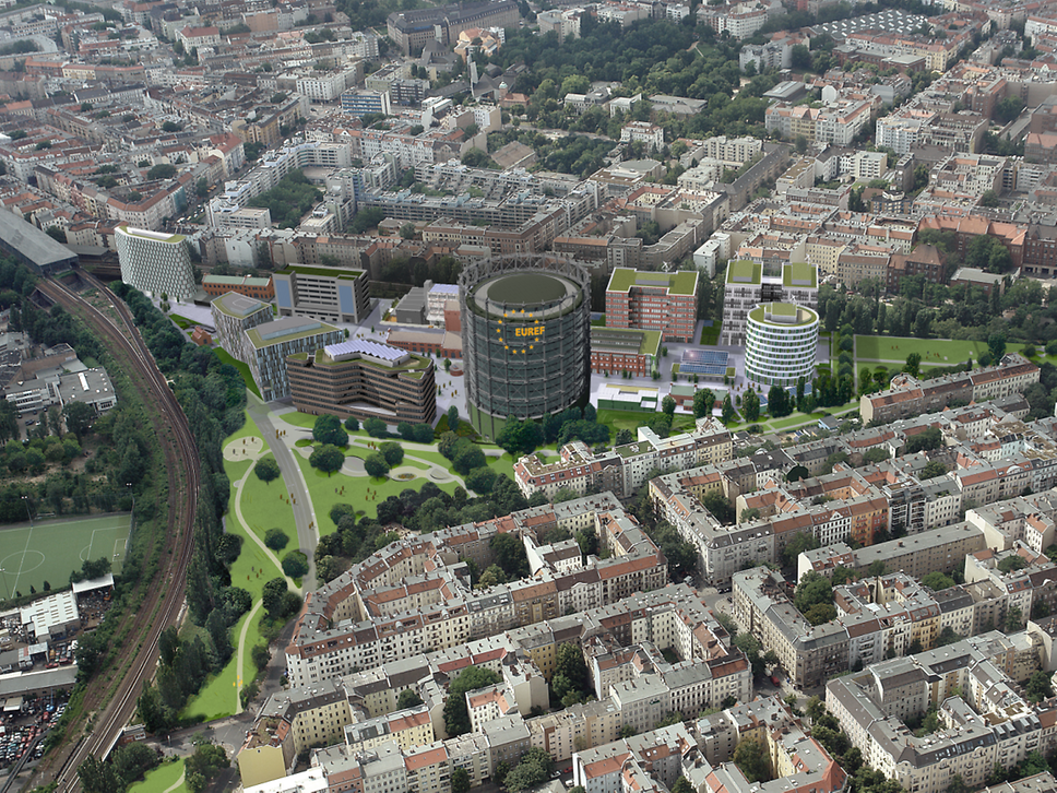 Luftaufnahme mit Blick auf den Gasometer