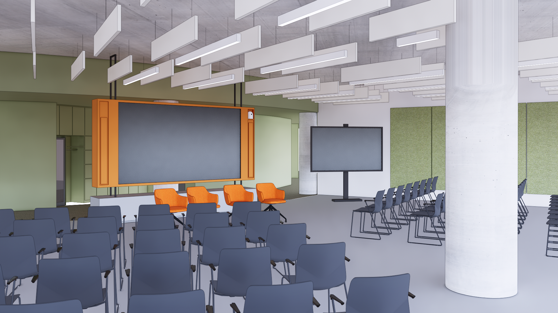 Blick in einen Präsentationsraum mit Reihenbestuhlung