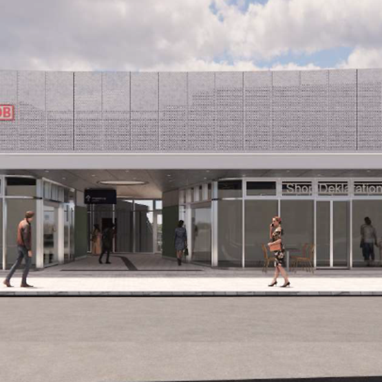 Animation des Bahnhofsgebäudes in Düsseldorf-Wehrhahn. Reisende und Passanten stehen vor dem Neubau.
