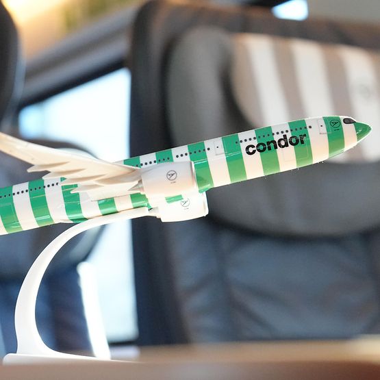 Das Modellflugzeug einer Condor-Maschine steht in einem ICE auf einem Tisch in der 1. Klasse