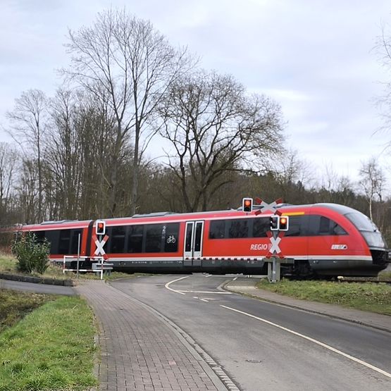 Zug an einem beschrankten Bahnübergang bei einem roten Haltesignal