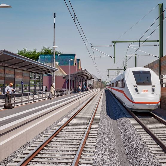 3D-Modell-Simulation mit Blick auf den neuen Hausbahnsteg (Bahnsteig 1) inklusive der zukünftigen Lärmschutzwände