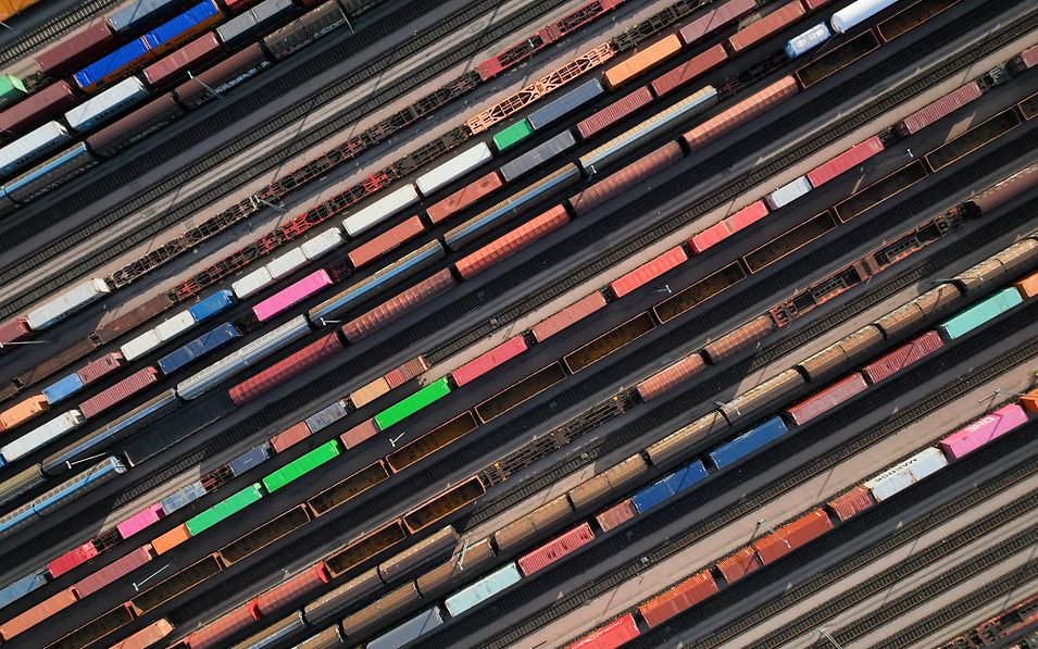 Freight cars photographed from the air