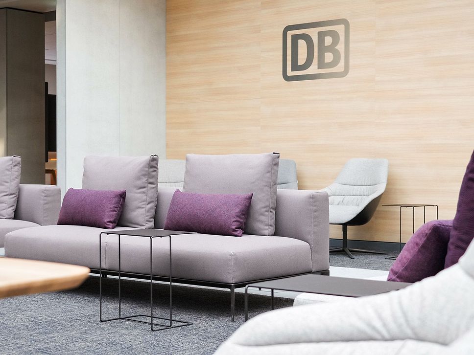 Sofa in the DB Lounge with seat covers made from marine plastic fibers