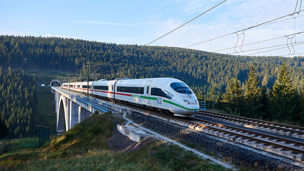 An ICE in the Thuringian Forest on the high-speed line between Erfurt and Nuremberg.