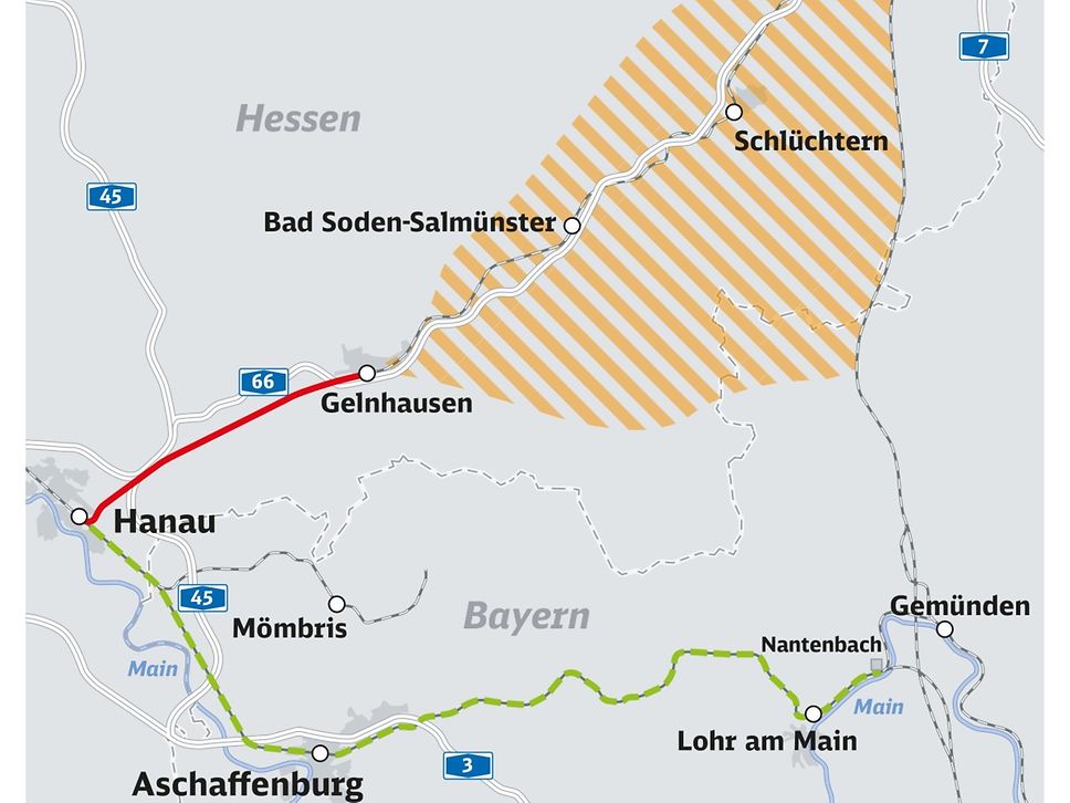 Projekt Hanau-Würzburg-Fulda: Karte mit Suchraum zur Trassenfindung
