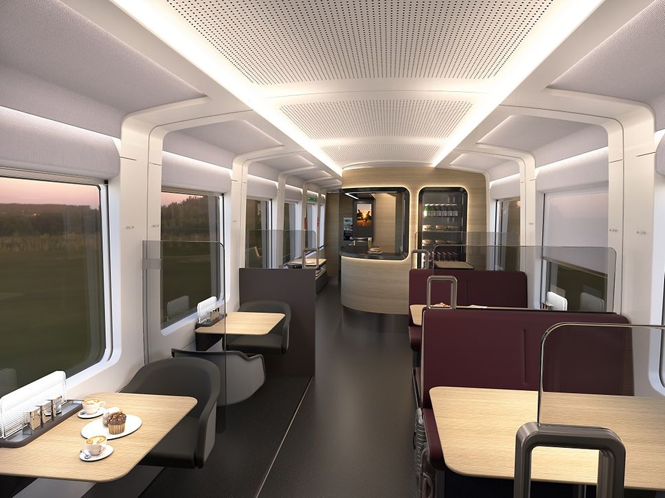 Quelle: Deutsche Bahn AG / Tricon Der ECx hat ein helles gemütliches Bordbistro. (Computeranimation)