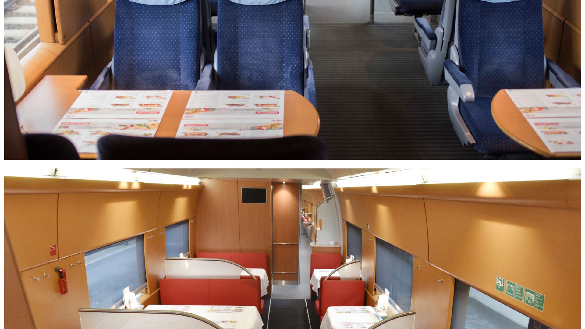 Redesign der ICE-3-Fernverkehrsflotte: Bordrestaurant vor der Modernisierung und nachher